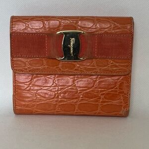 Salvatore Ferragamo Orange Croc-Embossed Leather Compact Wallet